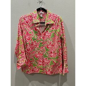 Izod Stretch Bright Green and Coral Tropical Print Button Down Collared Shirt XL
